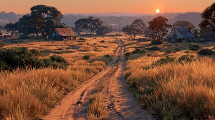 Sunset Country Road Rural Landscape Golden Hour Grassland Rustic Houses Dirt Track