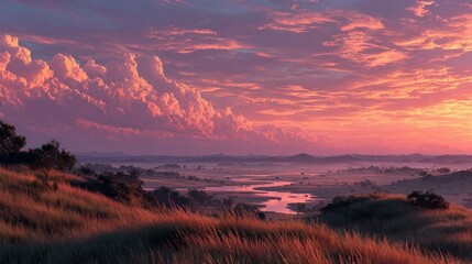 Sunset over Serene Meadow and River