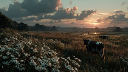 Sunset pasture with grazing cows and wildflowers