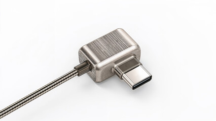 USB Connector Cable: Modern Metal Gadget for Data Transfer and Charging - Close-Up Electronic Device Accessory - Silver Portable Equipment in Flat Lay Design