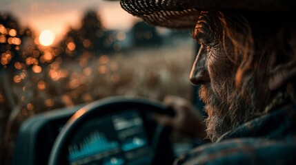 Sunset Portrait of a Man Driving a Vehicle