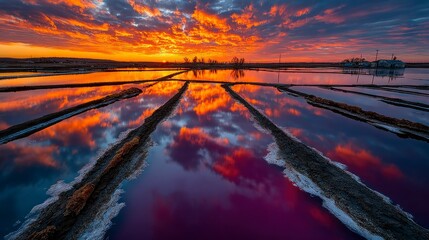 Sunset Reflection in Water Channels Colorful Sky Dramatic Landscape Photography