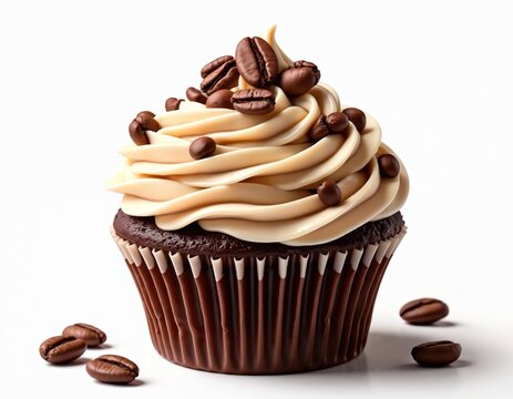 Illustration delicious mocha mousse cupcake. Topped with coffee beans, swirls of creamy frosting. Dark chocolate cake, vanilla mousse. Perfect for bakery menu design, dessert shop promotion culinary