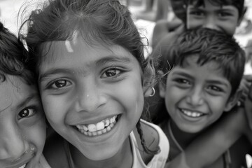 Group of happy children smiling at camera. Black and white image.