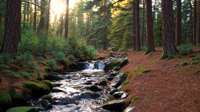 path through a majestic pine woodland, towering evergreens with a babbling brook running alongside, the scent of pine needles
