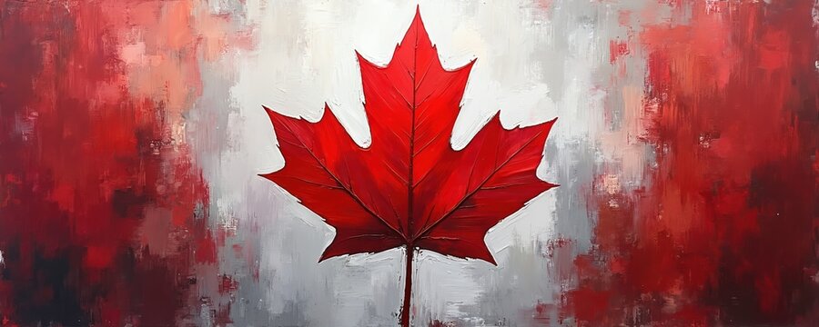 Canada Day abstract art with red maple leaf symbol. Modern painting Canadian flag. National holiday celebration in July with colors red, white. Patriotic background for posters, banners, greeting