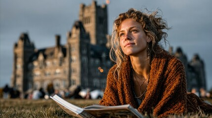 Woman relaxing outdoors reading a book with a large building in the background