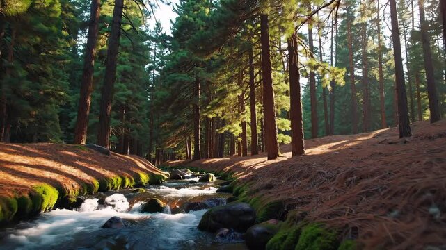 path through a majestic pine woodland, towering evergreens with a babbling brook running alongside, the scent of pine needles