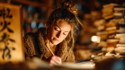 Fototapeta premium Woman writing in a cozy room surrounded by books