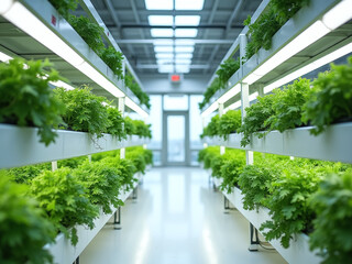 Vertical farm inside a modern greenhouse, vegetables growing on LED-lit shelves