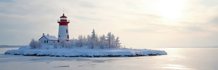Panorama view of a red-white lighthouse on frozen island in winter Baltic sea. Thin ice reflects daylight. Cold landscape, scenic nature view. Sweden, Umea. Navigation, travel concept.