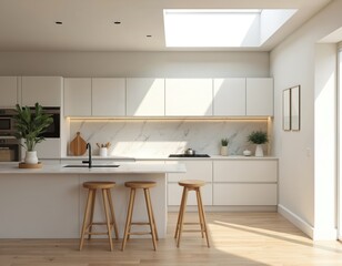 Modern all-white kitchen with minimal decor. Natural light floods through skylights. Interior design, contemporary home aesthetic, luxury apartment concept. Wooden stools, marble countertop, sleek