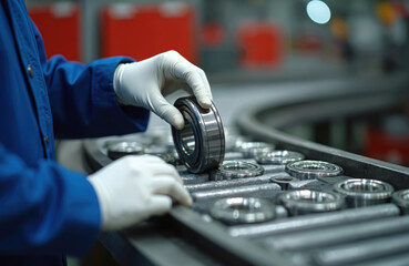 Worker wearing gloves carefully handles industrial bearing in factory. Assembly line, metal part manufacturing. Production process, manual labor, quality control. Precision engineering, automotive