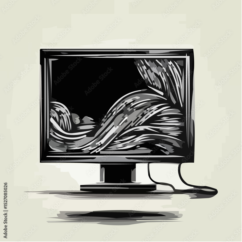 Poster icon of computer monitor displaying abstract wave design in grayscale