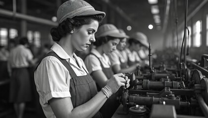 Vintage image of women factory workers assembling machinery in a World War II factory. Workers in caps and aprons at an assembly line. Black and white photo represents historical wartime labor.