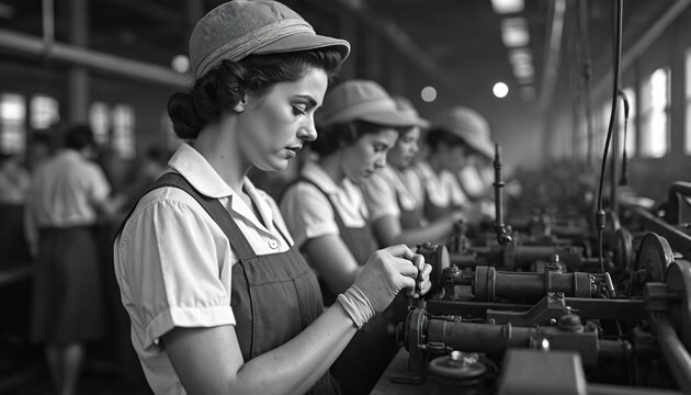 Vintage image of women factory workers assembling machinery in a World War II factory. Workers in caps and aprons at an assembly line. Black and white photo represents historical wartime labor.