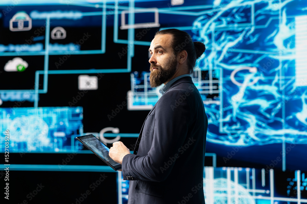 Poster young entrepreneur works on implementing ai brain system for deep learning, employing neural network