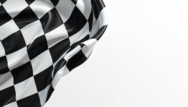 Checkered flag waving isolated white background. Motorsport racing concept finish competition. Black and white squares pattern symbolize speed triumph on auto sport event.