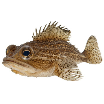 Side view of a toadfish swimming along the ocean floor, isolated on a white background, showcasing its broad head, mottled body, and bottom-dwelling form, captured in realistic detail for marine 