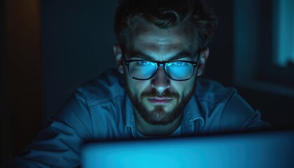 Focused man wearing glasses looking at computer screen at night. Tech, cyberspace, digital, blue light reflection in glasses. Online work, modern office, tech lifestyle, business concept. Close-up