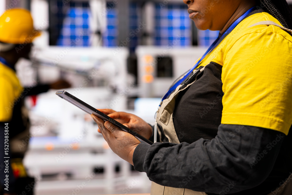 Poster african american engineer develops automated workflows using tablet, optimizing smart factory machin