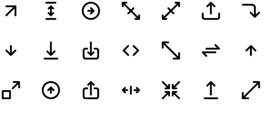 Minimalist black vector arrow icons set with thin designs, arrowheads, letters, and symbols for up/down movement on white background.