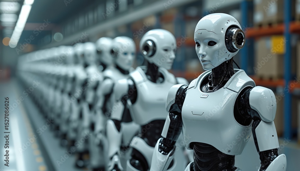 Poster futuristic robots aligned production line in modern factory. technological innovation, ai automation