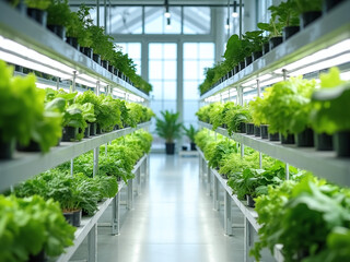 Vertical farm inside a modern greenhouse, vegetables growing on LED-lit shelves