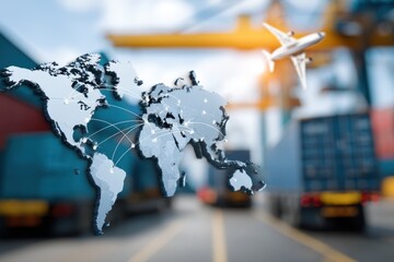 A world map is overlaid on a busy freight port featuring shipping containers and an airplane in the background, showcasing the interconnectedness of global logistics and transportation.