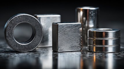 Assorted neodymium magnets in various shapes and sizes for industrial and educational applications