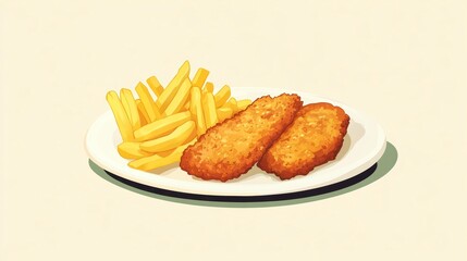 Crispy fried fish fillets served with golden french fries on a white plate.