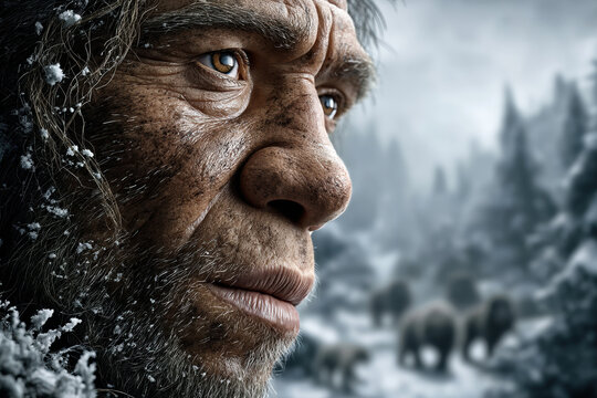 Caveman face on background of snowy landscape with woolly mammoths, close-up of neanderthal man in winter, concept of stone age, prehistoric era.