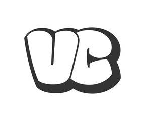 VC logo, bubble comic lettering, rounded in graffiti style black and white silhouette. Trendy preschool V and C letter text for festival party, personal initials, children funky print and web.