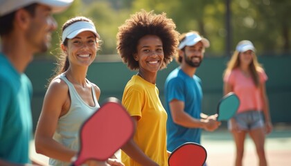Group of friends playing pickleball, smiling looking at camera. Multiracial people enjoy outdoor activity, healthy lifestyle. Happy people, summer day, recreation, fun.
