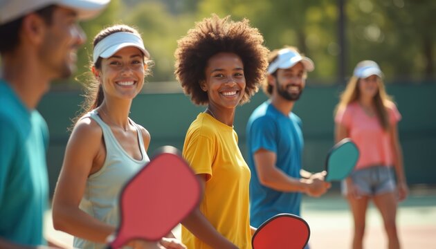 Group of friends playing pickleball, smiling looking at camera. Multiracial people enjoy outdoor activity, healthy lifestyle. Happy people, summer day, recreation, fun. - Powered by Adobe