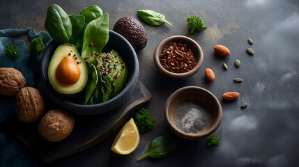Top view of healthy food ingredients including avocado, leafy greens, seeds, nuts and fruits on a dark stone background, rustic style