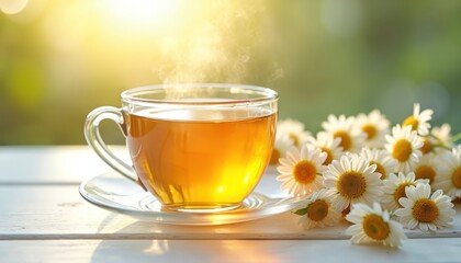 Steaming chamomile tea glass with saucer on white wood table with daisy flowers. Hot drink in nature at sunny day. Herbal beverage for health. Natural medicine, flower tea for relaxation.