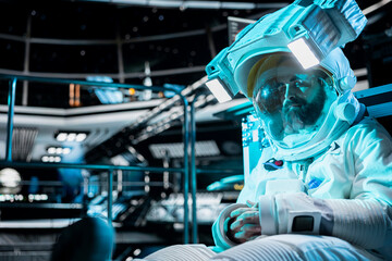 Exhausted cosmonaut sleeping inside spacecraft during extended planetary mission. Tired starship crew member resting on floor while orbital station travels across deep space