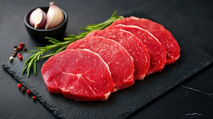 Filet mignon steaks resting on black slate cutting board with rosemary, peppercorns and garlic