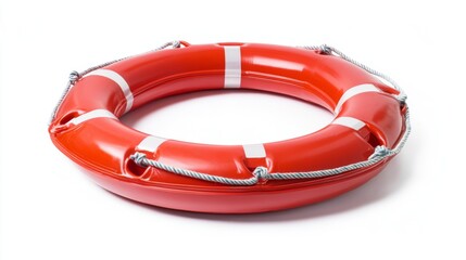 Bright red lifebuoy floating on a clean white background, symbolizing safety and rescue in aquatic environments