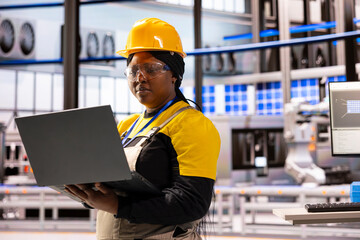 Black woman with industrial helmet using laptop to monitor and control equipment at sustainable energy production facility. African american engineer standing in factory and looking at device screen.