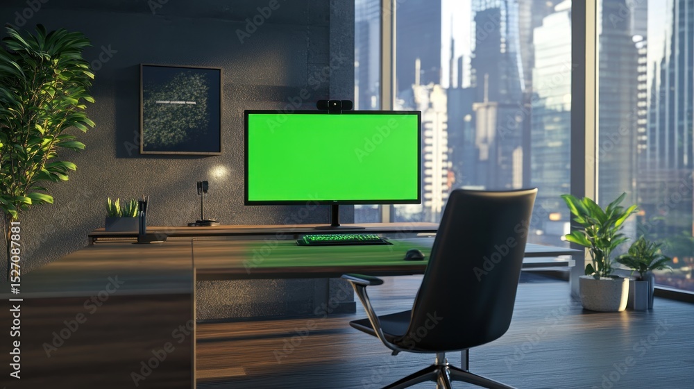 Poster contemporary home office setup with green screen display and city views creating professional settin