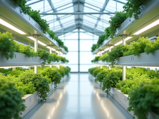 Vertical farm inside a modern greenhouse, vegetables growing on LED-lit shelves