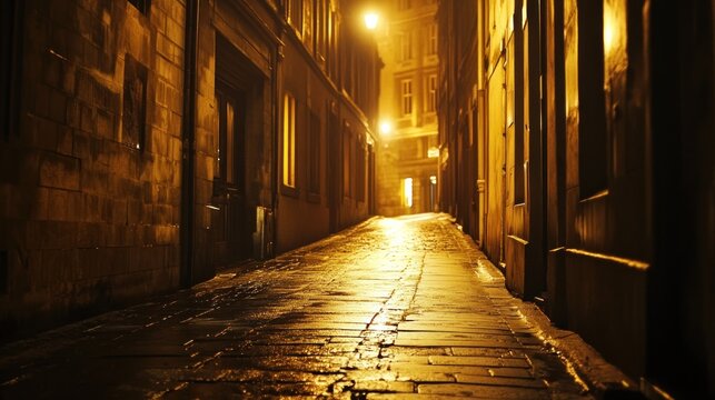 Eerie street in the old town at night reflecting city lights on wet road