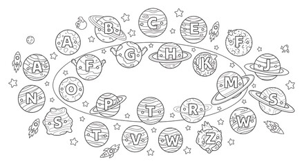 An Engaging Cosmic Alphabet Coloring Page Featuring Whimsical Letter Planets and Orbiting Space Elements in a Detailed Line Art Style an Ideal Activity for Educational Fun