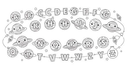 Unveiling a Stellar ABC Learning Journey with Charming Personified Letters as Celestial Bodies and Twinkling Stars in a Detailed Black and White Outline an Ideal Resource for Creative Kids