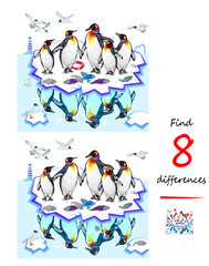 Find 8 differences. Drawing of a cute family of king penguins. Logic puzzle game for children and adults. Page for kids brain teaser book. Hand drawn flat vector illustration.