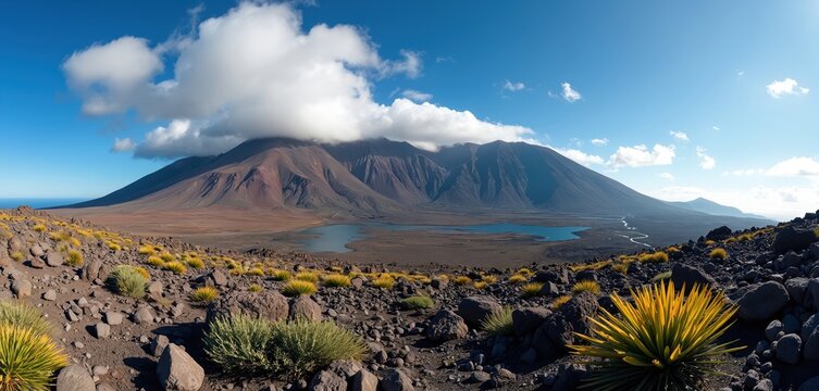 Panoramic photo of volcano and volcanic landscape El Hierro island Canary Islands Spain. View of volcanic mountains, blue lake. Picturesque scene with natural beauty under blue sky.