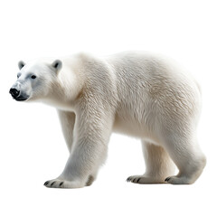 Side view of a white polar bear, isolated on a white background, highlighting its dense fur, large paws, and powerful frame, captured in realistic detail for wildlife, environmental