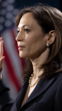 Woman raising hand taking oath in front of national flag, wearing dark business suit, pearl necklace, and earrings, looking to side, serious expression.